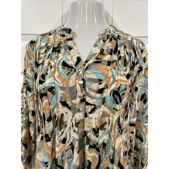 Notations Plus Size 1X Turquoise Gray Abstract Print Blouse Tunic Stretch Knit - Picture 3 of 8